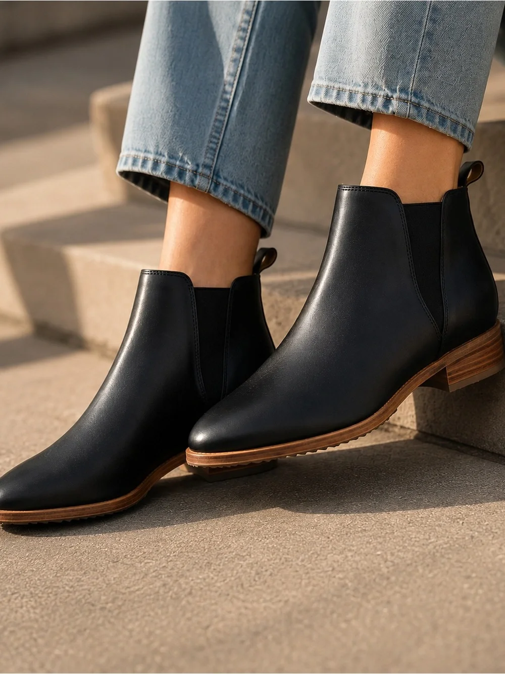 Nisolo Black Leather Eva Chelsea Booties with Stacked Wood Heel Slip-On